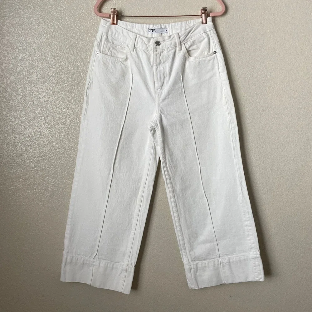 Zara‎ Jeans Womens Size 6 White High Rise Wide Leg Cropped Culotte Front Seam